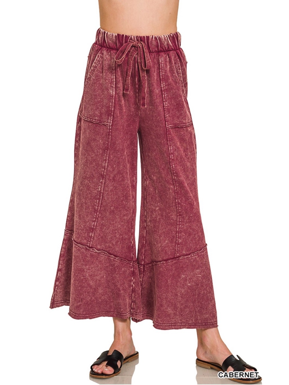 Cabernet Washed Wine Wide-Leg Drawstring Pants